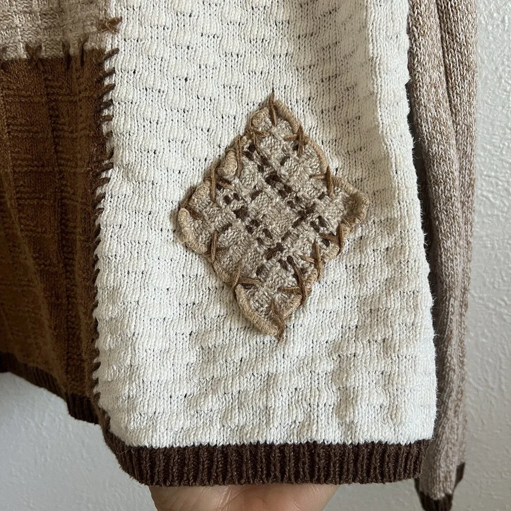 Vintage 90s  Fall Patchwork Knit Sweater Beige brown neutrals Medium turtleneck - Picture 6 of 8